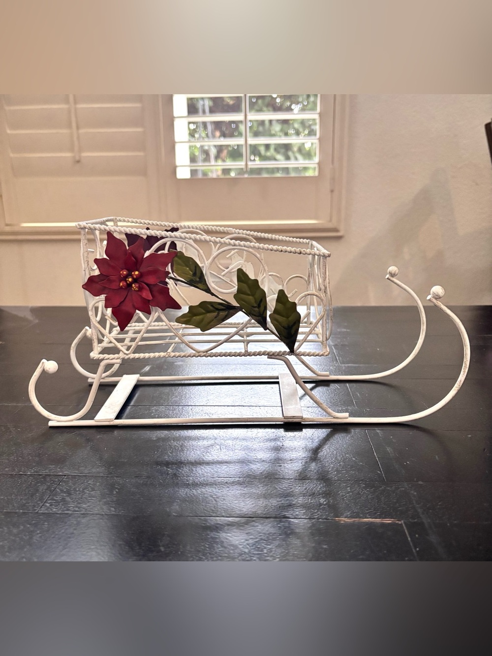 White Metal Decorative Christmas Sleigh Centerpiece Accented With Red Poinsettia